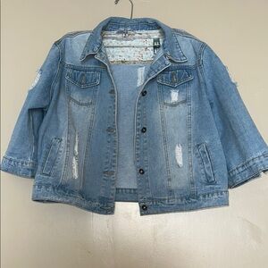 Blue Cropped Jean Jacket with Distressed Details